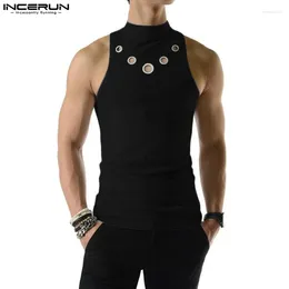メンズタンクトップは、ファッションメンズを突き出して固体タートルネックノースリーブの男性ベストストリートウェア2024年のカジュアル服s-5xl