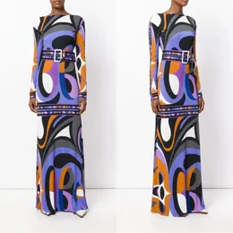 Sıradan Elbiseler Fahion Tasarımcı Lüks Maxi Elbise Kadınlar Uzun Kollu Mor Geometri Baskı Streç Jersey İpek Spandeks