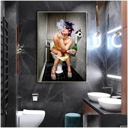 Gemälde Nordic Leinwand Kunst Poster und Drucke Sexy Mädchen sitzen in einer Toilette Schwarz Weiß Frau Rauch Getränk Toilette Bild Poster Drop Dhwyo