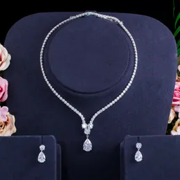 Choucong Set di gioielli da sposa originali di lusso in oro bianco 18 carati con goccia d'acqua 5A zircone cubico diamante CZ orecchini da donna per feste collana da tennis da sposa regalo