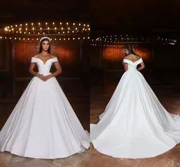 Mütevazı Beyaz Basit Düğün Balosu Omuzdan Artı Boyut Dubai Arap Gelin Gowns Uzun Süpürme Tren İkinci Resepsiyon Elbise Gelin Cüppeler De Mariee Cl3285