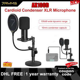 Микрофоны 7Ryms AX100D Кардиоидный конденсаторный микрофон XLR, широкий динамический диапазон 106 дБ, капсула 16 мм