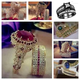 Cluster Rings 2st/Set US European Handmade lyxiga utsökta modesmycken Kvinnors guldfärgring 1.52CT Red Stone Set Bridal