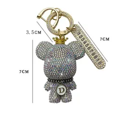 Chaveiros de urso feitos à mão com strass completos, desenho animado, placa de número anti-perda, coroa, chaveiro feminino, bolsa de charme, chaveiro de carro, presente de amigo