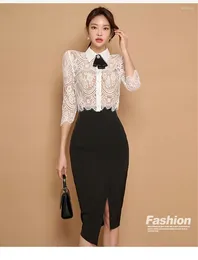 Two Piece Dress Elegant 2024 Summer 2 Pezzi Set Donna Bow Lace Tops Gonne A Matita Fessura Vita Alta Casual Simple Office Gonna Suit E532