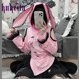 女性のTシャツharajuku rabbit ear hoodies日本カワイイy2k美学女性Tシャツゴシックロリータレースピンクストライプトップグランジティーティー