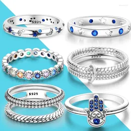 Anelli a grappolo in vero argento sterling 925 con zirconi blu per le donne Fashion Star Moon impilabili dito gioielli di fidanzamento originali