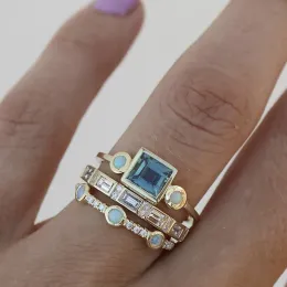 Moda personalizada cor azul pedra redonda quadrada conjunto de três peças anel para feminino 14k anéis de ouro amarelo para mulheres jóias 2024