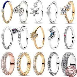 Anéis de cluster vendendo 925 prata esterlina deslumbrante todo zircão charme anel sol lua floco de neve jóias presente para namorada