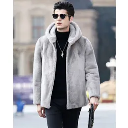 Autumn and Winter Designer Mens Fur Coat Imitation Mink Hooded Short Middle Aged Slim 9IUR