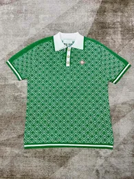 Polos masculinos pérola botão lapela casual versátil homens mulheres jacquard meia manga top camisa polo verde