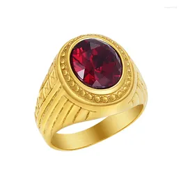 Cluster Rings Men Stainless Steel Ring Vintage Gold Color Red/Black Crystal Fashion Party Male Jewelry