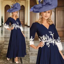 Navy Blue Short Mother Of The Bride Dresses 3/4 Sleeves V Neck Chiffon Ankle Length Beaded Lace Mother's Dresses For Arabic Black Women Wedding Guest Outfit Gowns AMM050