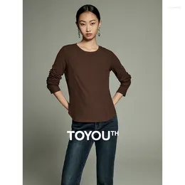 여자 T 셔츠 Toyouth Women Tees 2024 Winter Long Sleeve round neck round lim lem fit 티셔츠 구부러진 헴 패션 캐주얼 따뜻한 다목적 커피 탑