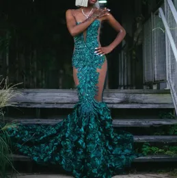 Zümrüt Yeşil Işıltılı Deniz Kızı Promu Siyah Kız Şeffaf Gillter Kristal Gül Çiçek Akşam Töreni Elbise