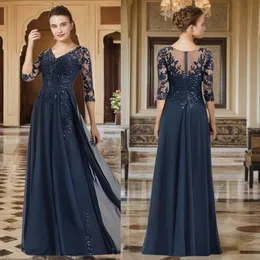 Navy Blue Mother Of The Bride Dresses 3/4 Sleeves V Neck Chiffon Appliqued Lace Beaded Sequins Mother's Dresses For Arabic Black Women Wedding Guest Outfit Gowns AMM051