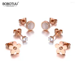 Stud Earrings BOBOTUU Trendy Titanium Stainless Steel Flower Rhinestone Jewelry 3Pair/Set CZ Crystal For Women Girl BE20039