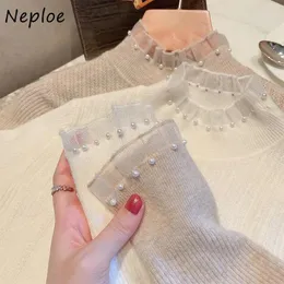 Kadın Sweaters Neploe Y2K Sonbahar Vintage Buttleneck Jersey Mujer Jumpers Mesh Patchwork Düz Renk Çekme Femme Boncuk Uzun Kollu