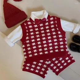 Giacche Set di moda Ragazza Gilet autunno/inverno lavorato a maglia Maglione per bambini Pantaloncini celebrativi a quadretti per uomo e donna Canotta