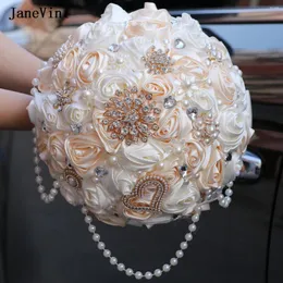 Wedding Flowers Janevini Eleganckie bukiety ślubne z krysztarną sztuczną satynową różą Pearl Ivory Fake Buquet Akcesoria