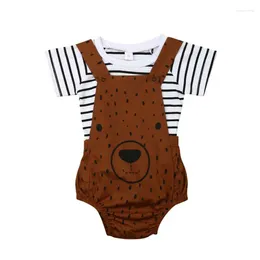 Conjuntos de roupas 0-3 anos 2cps nascido menino menina verão conjunto bonito urso roupas listra camiseta bib calças macacão outfits