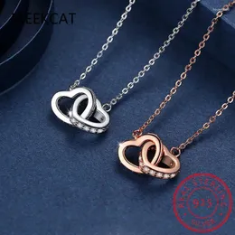 Pendants 925 Sterling Silver Double Heart Circle CZ Zirconia Necklaces For Women Gift Choker Chain Collares Colar De Prata