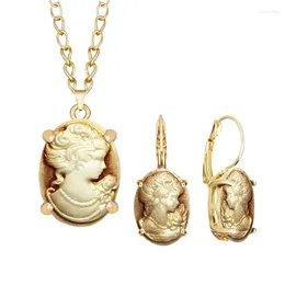 Necklace Earrings Set Fashion Lady Queen Brown Cameo For Women Gold Color Pink Blue Gray Claw Pendant Earring Jewelry