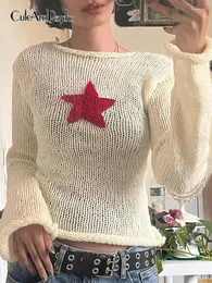 Women's Knits Cuteandpsycho Retro Star Patchwork Knitted Cute Tops Y2K Aesthetic Harajuku 90s Sweaters Crewneck Fashion Knitwear