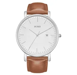 Burei Men Fashion Minimalist Lrist Watch Watches Watched Watches Simple Ultra Thin Watches تاريخ الكوارتز التناظرية مع حزام من الجلد الأسود البني