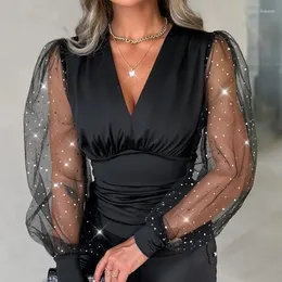 Kvinnors blusar Independent Design Arrivals 2024 Spring Summer Clothing Pure Color Sequins Mesh SeaThrough Long Sleeve V-Neck Top