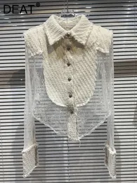 Kvinnors blusar DEAT Fashion Lace Mesh Patchwork Tweed Shirt för kvinnor långärmad lapel Single Breasted Blus 2024 Autumn Female 11xx5469