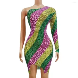 Stage Wear Sparkly Mixed-color Gemstone Short Dress Sexy One Shoulder Evening Prom Celebrate Birthday Po Shoot Performance Costume