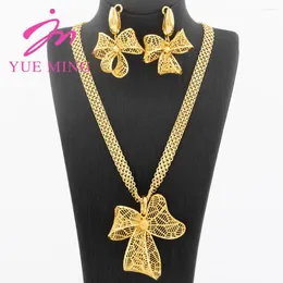 Necklace Earrings Set YM Jewelry For Women Hollow Flower Pendant Arabic Dubai Earring African Chain Gold Color Copper Wedding Bridal Gift