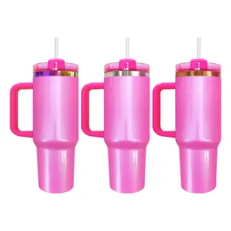 Gökkuşağı Kaplamalı Boş Süblimasyon Bakır 40 Oz Kış Pembe Parıltısı H2.0 Söndürücü Vakum Yalıtımlı Tumbler Kapak ve Saman Seyahat Kupası Lazer Gravürü için 20 PCS