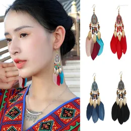 Dangle Earrings Long Feather Fashion Bohemia Leaf Wedding Jewelry Ethnic Tassel Water Drop Chain Women Party Ear Stud