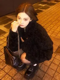 Женские куртки Deeptown, корейская модная черная куртка из овечьей шерсти, женская элегантная утолщенная куртка из искусственного меха, женская зимняя винтажная теплая верхняя одежда