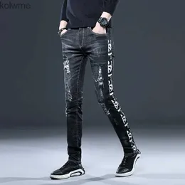 Men's Jeans Light Luxury Mens Ripped JeansSlim-fit Stretch Black JeansHigh Quality Side-Prints Denim PantsStreet Fashion Casual Jeans ; YQ240205