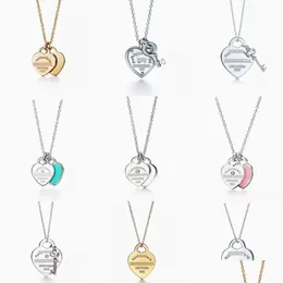 قلادات قلادة LY الكلاسيكية عالية الطبعة S925 Sterling Sier Double Heart Charm Drop Glue Glue Necklace Love Necklace Delive de Dhmye