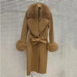 Langer Damen-Mantel aus Woll-Kaschmir-Mischgewebe mit großem Echtfuchs-Pelzkragen, modische Winterjacke, zweireihiger Gürtel, Oberbekleidungsmanschette 240124