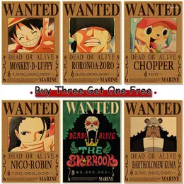 Pinturas One Piece Action Figure Wanted Poster Craft Imprimir Adesivo de Parede Filme Vintage Playbill Luffy Adesivos Papel de Parede Presente