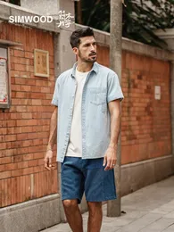 Mäns casual skjortor Simwood High Standard Series 2024 Summer Oversize Short Sleeve 7 Oz Washed Denim Men broderi logotyp