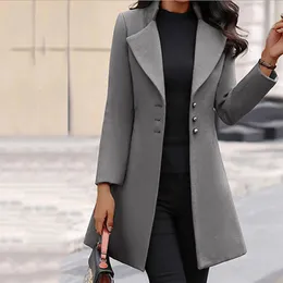 Solido Colo Slim Cappotto da donna in lana Giacca lunga Autunno Inverno Moda Capispalla coreana Cappotto nero Elegante abbigliamento femminile 240127