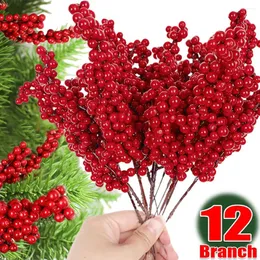 Fiori decorativi 12/1 pezzi bacche rosse di Natale frutta artificiale bacche di agrifoglio stame bouquet per la decorazione della festa nuziale casa artigianato fai da te