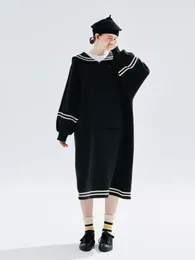 Casual Dresses Imakokoni 2024 Autumn Original Cotton Navy Collar Long Sleeve Black Hoodie Dress 234271