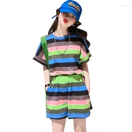 Clothing Sets Girl Set Summer Rainbow Striped Tshirt Shorts Casual Sport 2Pcs Suits Comfortable Cotton Outfits Teenage Kids 5-14Yrs