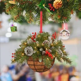 Рождественские украшения, рождественские искусственные подвесные цветы, подвеска в виде корзины, 2D зеленый, красный венок, растительные елочные украшения, веселое украшение
