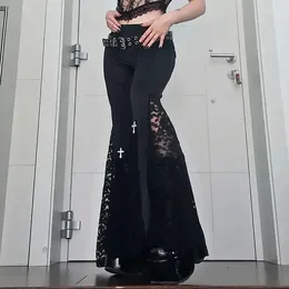 Calças femininas goth flare sexy preto laço retalhos cintura alta vintage harajuku hippie punk grunge streetwear y2k ropa mujer