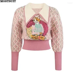 Women's Sweaters Pink Cartoon Embroidered Sweater Pullover Women Vintage Elegant Stylish Ladies Tops Autumn Winter Long Sleeve Fashion