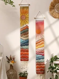 Macrame tapeçaria de parede montanha nascer e pôr do sol boho decoração para casa pendurado decorações do quarto decoração estética 240127