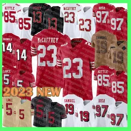 Christian McCaffrey fotbollströjor Deebo Samuel Brock Purdy George Kittle Niners Nick Bosa Sam Darnold Fred Warner Brandon Aiyuk 49ers Joe Montana Kyle Juszczyk